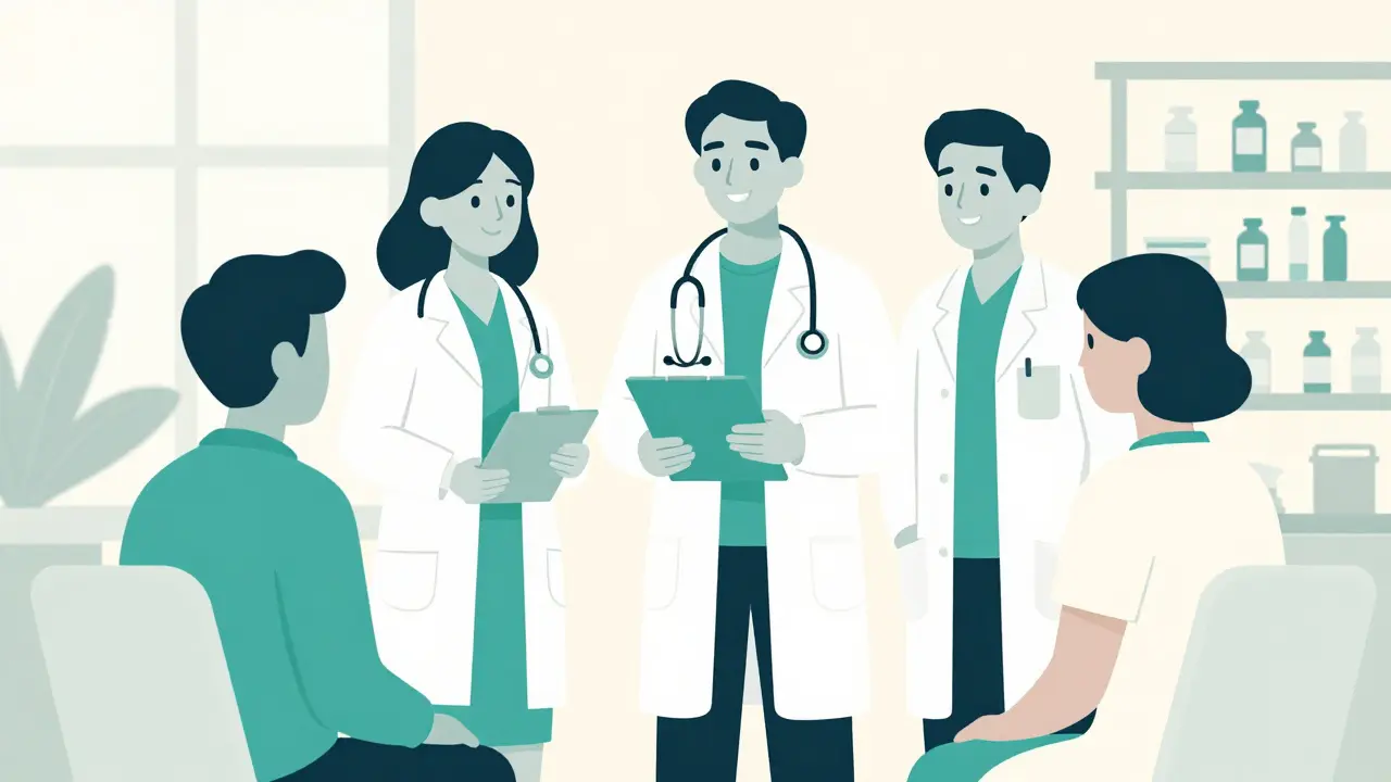 A team of three healthcare professionals supporting a patient