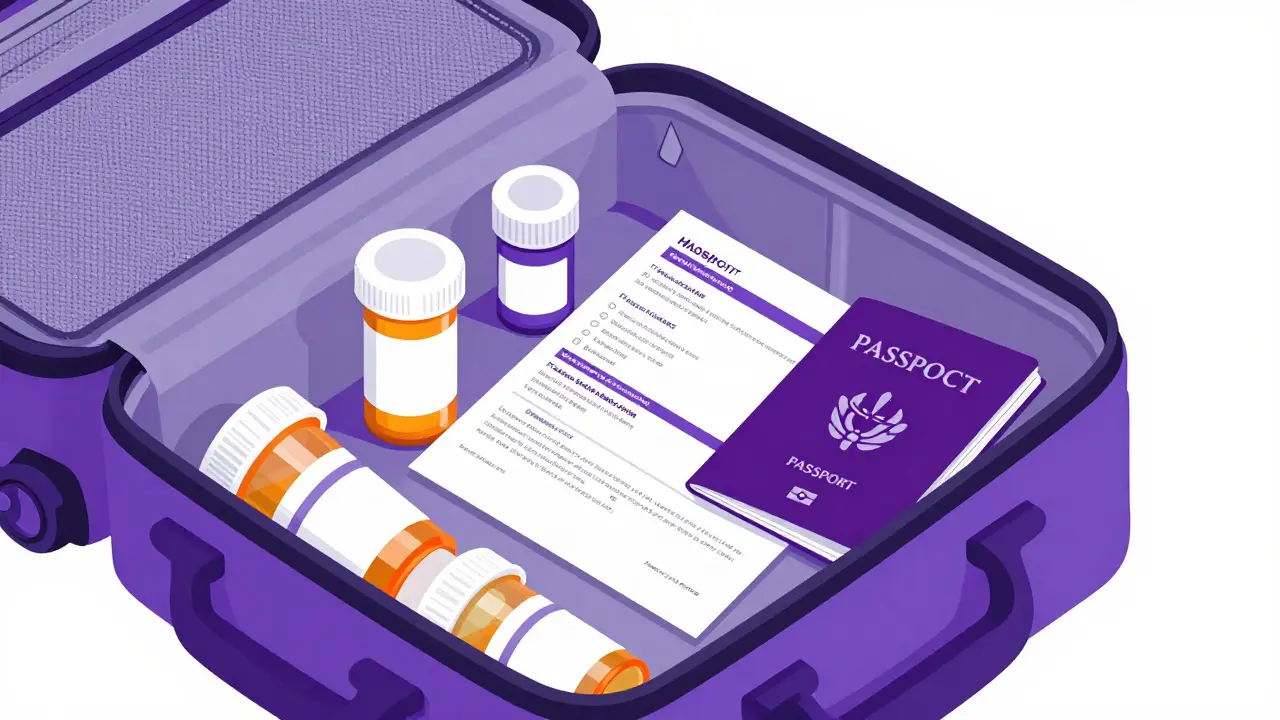 An open carry-on bag containing original prescription bottles and a passport.