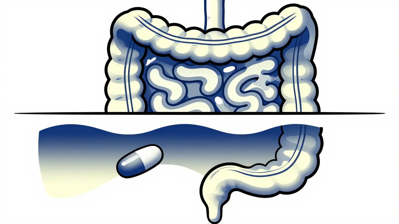 Digestive system illustration comparing gut irritation levels between formulations