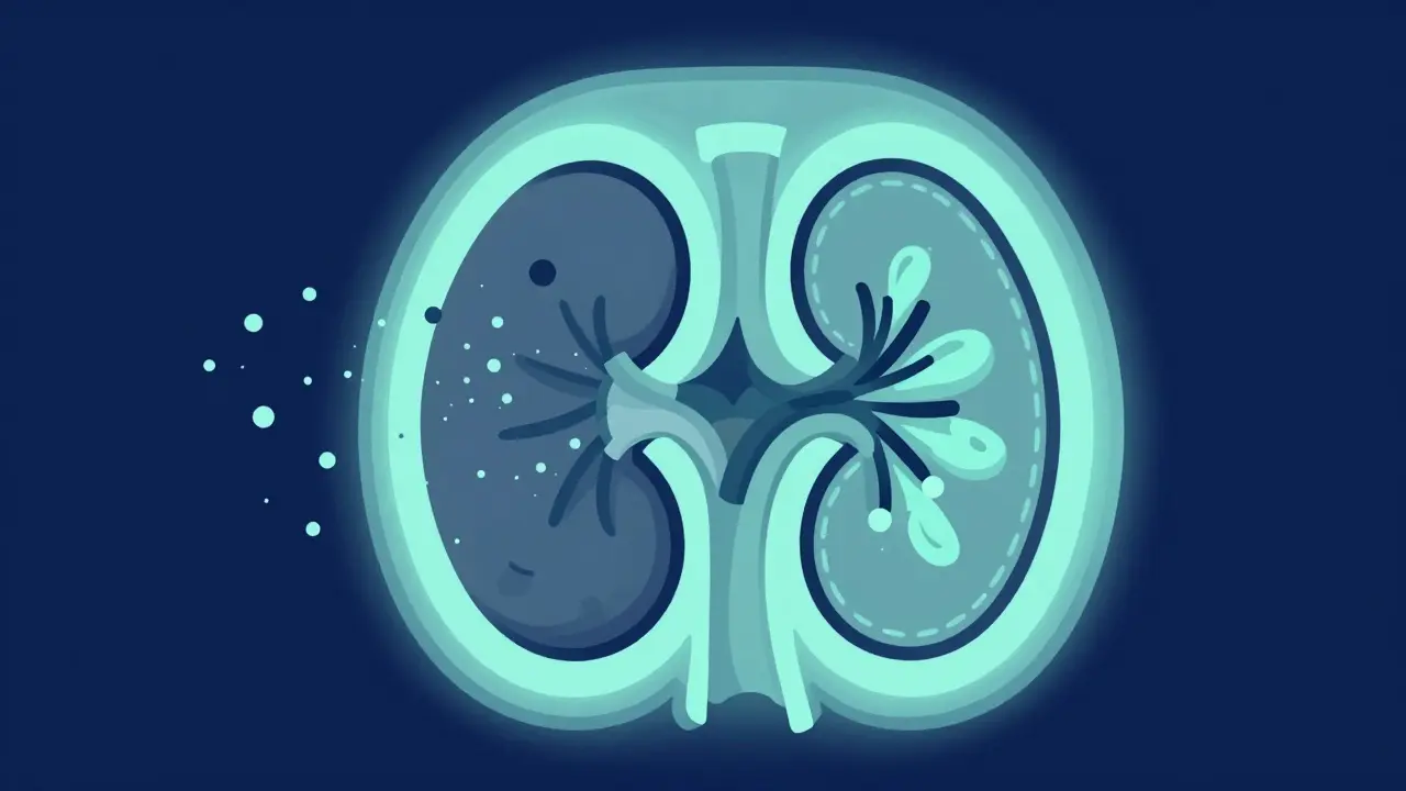 Duotone graphic of a kidney protected by a glowing shield from medication.
