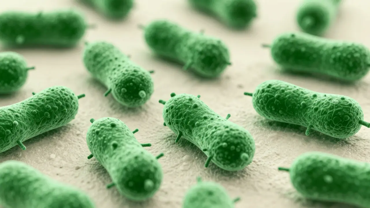 Duotone graphic of C. diff bacteria and their protective armored spores on a surface.