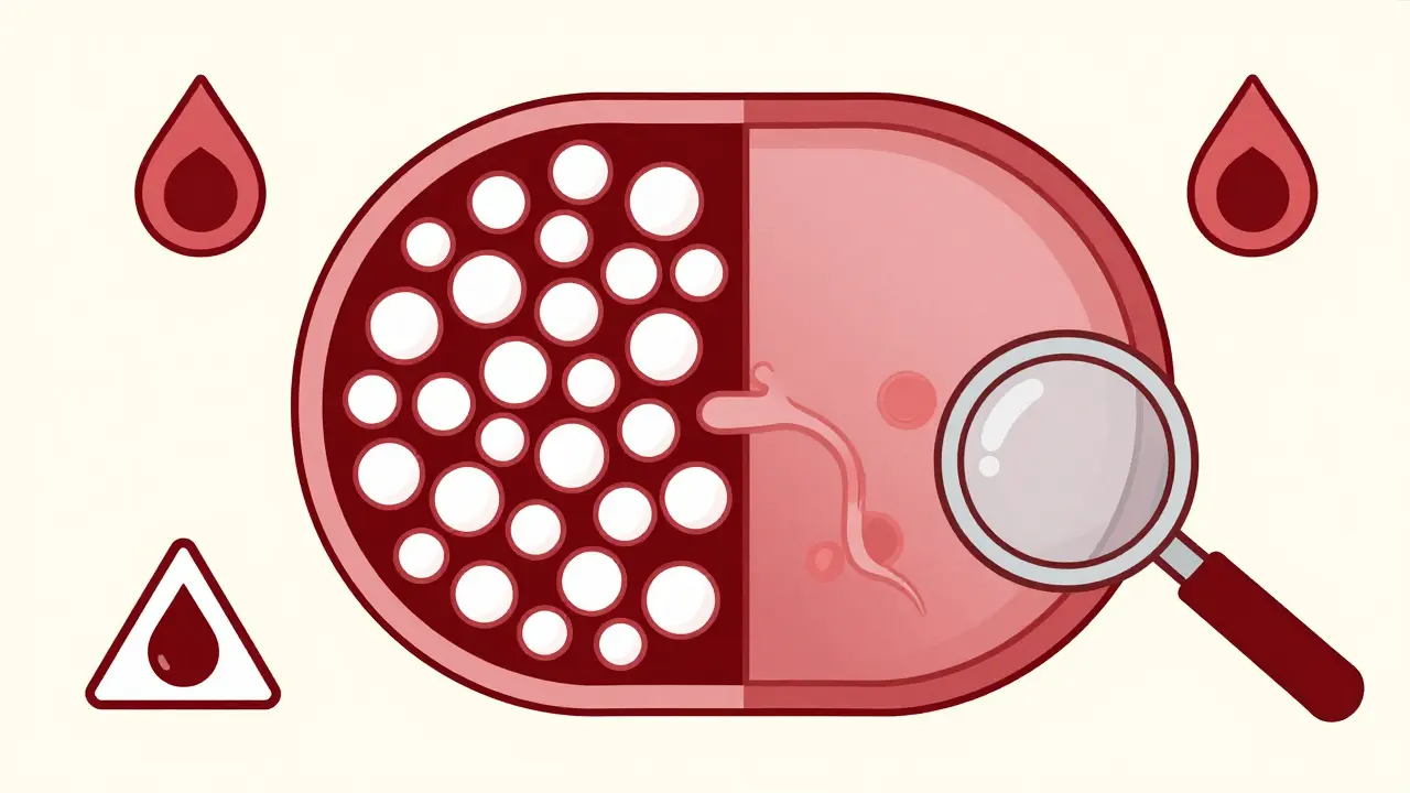 Duotone illustration comparing healthy bone marrow with the effects of drug-induced myelosuppression.