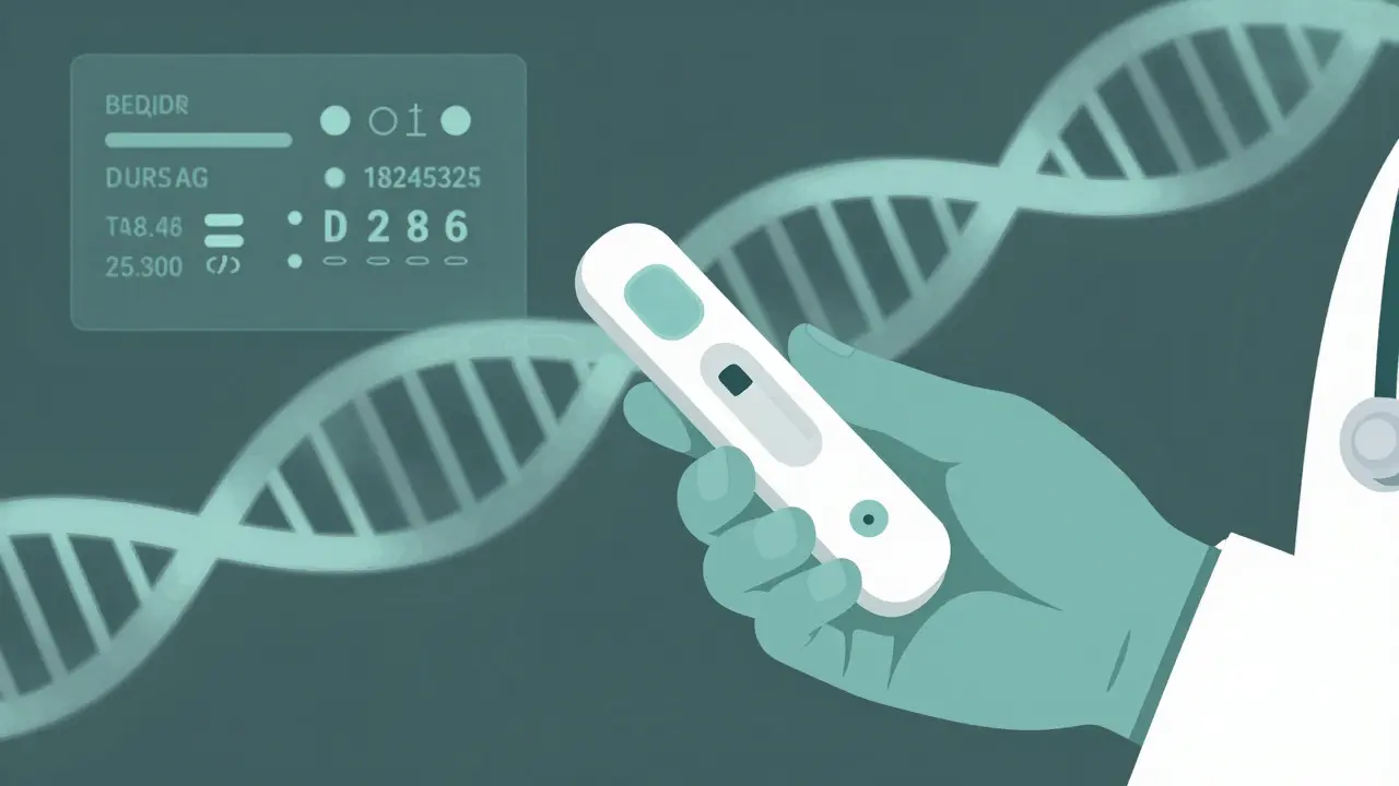 Duotone image of a modern medical device testing blood levels next to a DNA helix.