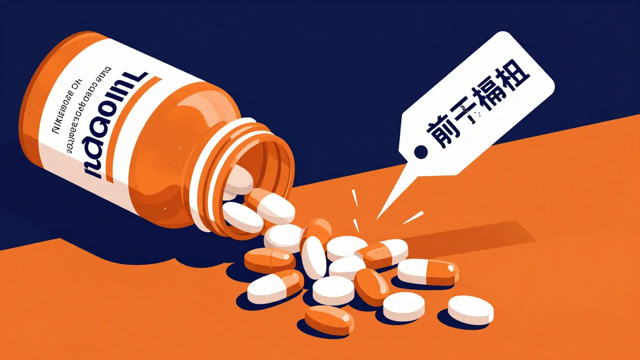 Generic drug bottles breaking through a brand-name monopoly with a dropping price line.