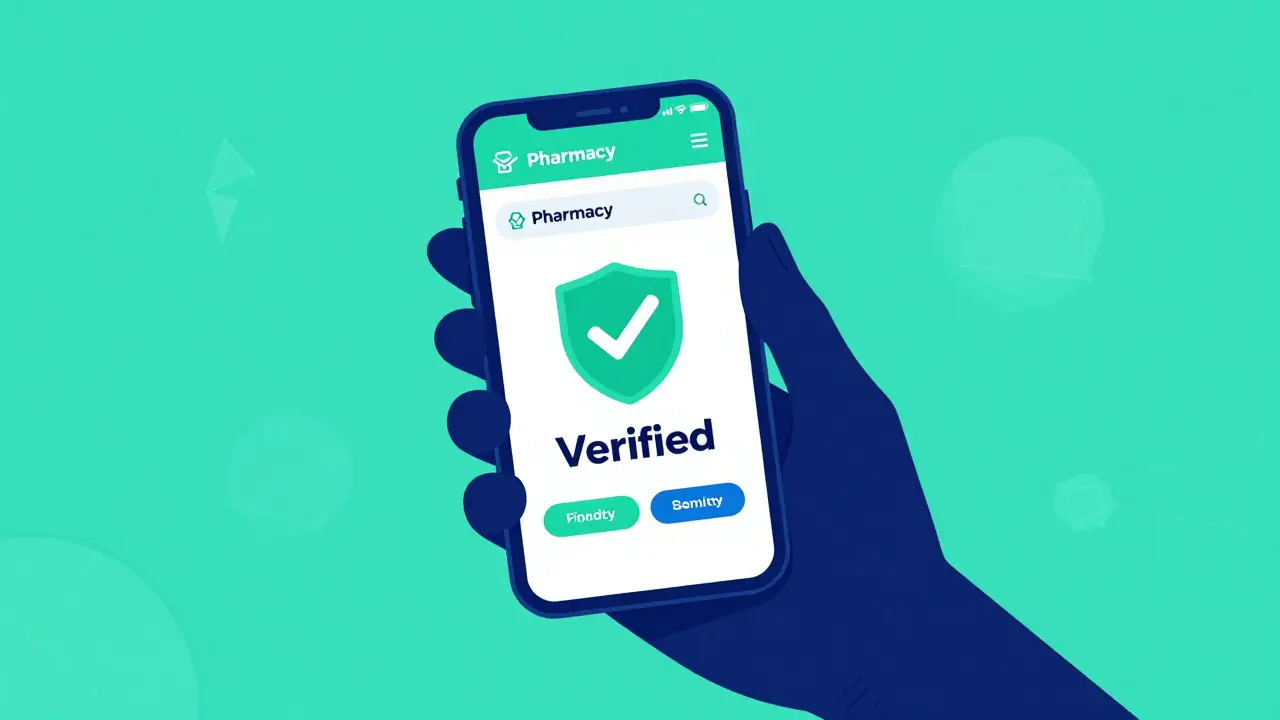 Hand holding a phone with a verified secure pharmacy website in teal duotone style.