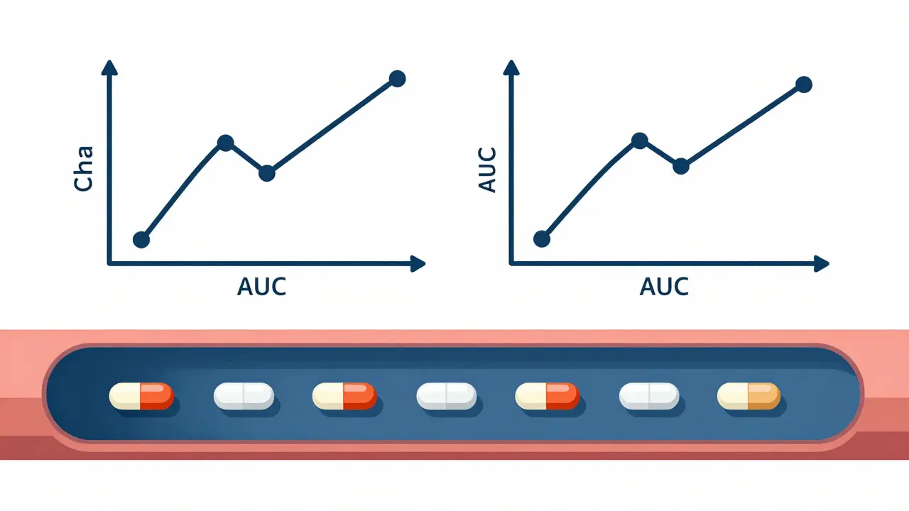 Overlapping line graphs and drug particles moving through a stylized vein