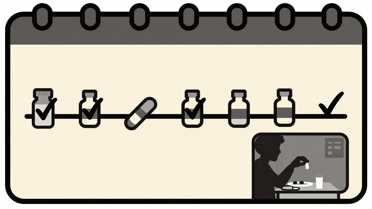 Timeline showing medication adherence differences with checkmarks