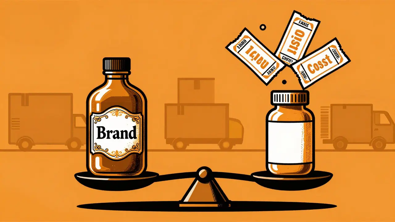 Black and orange duotone art comparing generic vs brand name drug costs and shipping.