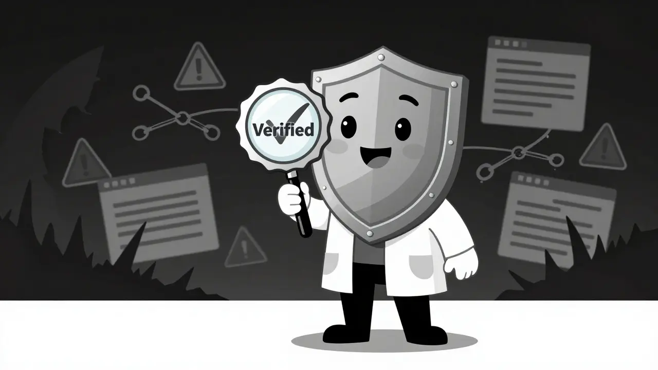 Black and white illustration of a verified pharmacy shield protecting against shadowy fake website threats.
