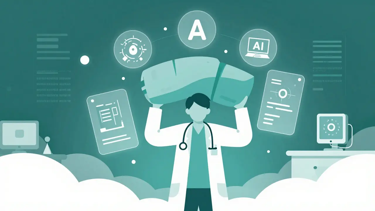 Doctor using AI tools to reduce workload, duotone illustration