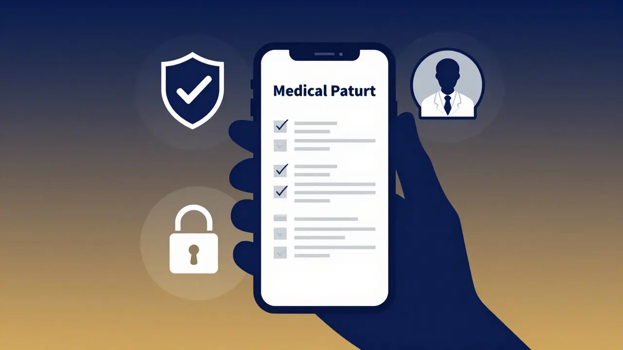 Duotone art of a smartphone showing a secure medical consultation and safety icons.