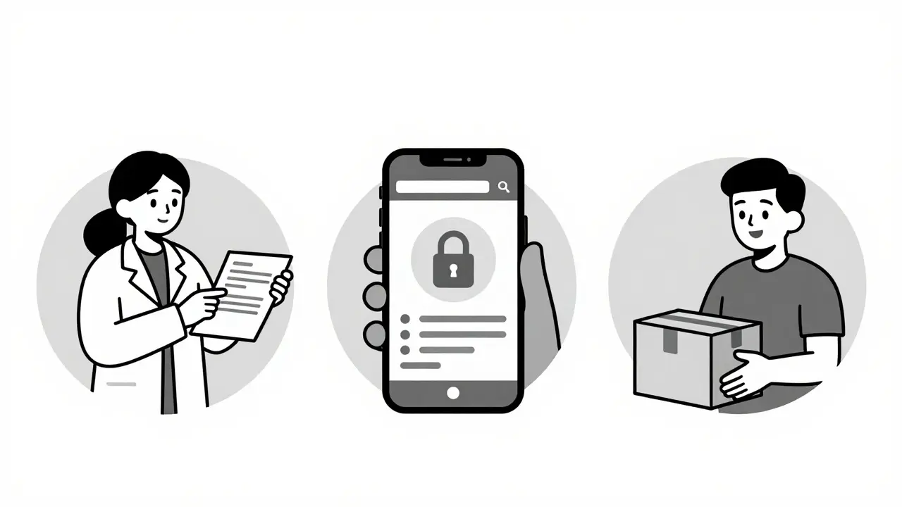 Duotone cartoon sequence showing prescription, secure online payment, and inspection of delivered medication.
