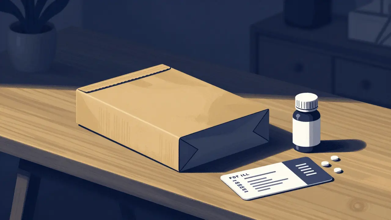 Duotone illustration of a discreet medication package delivered to a home table.