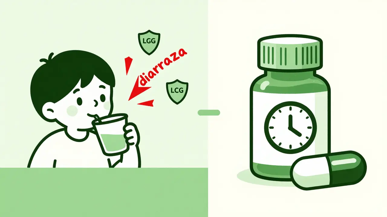 Duotone illustration of probiotics fighting diarrhea and timing with antibiotics.