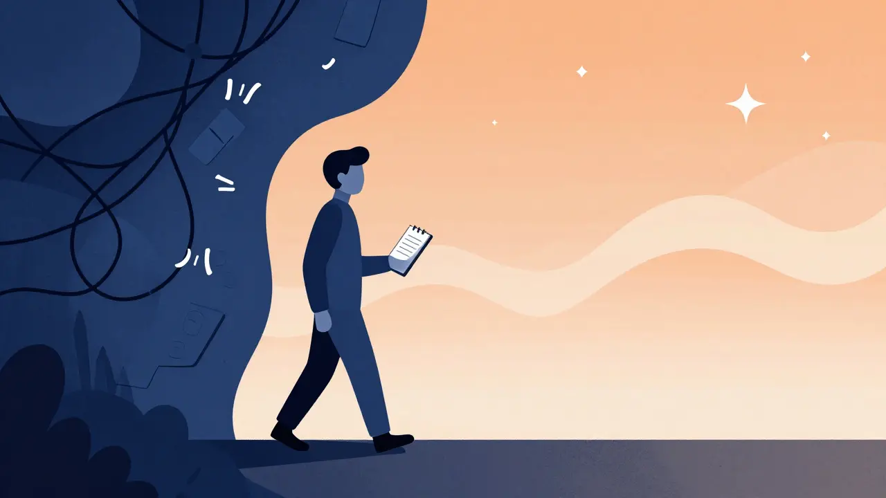 Figure walking from chaos to calm while holding a diary