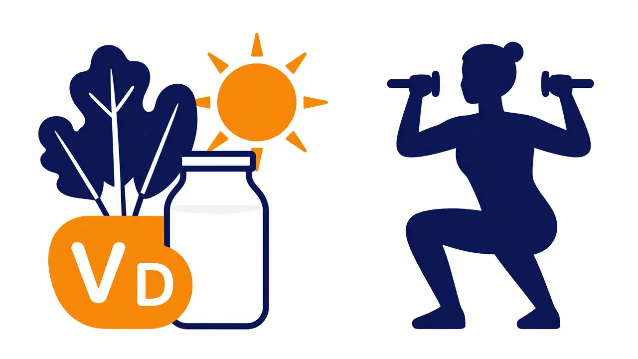 Graphic illustration balancing healthy food and exercise for bone strength