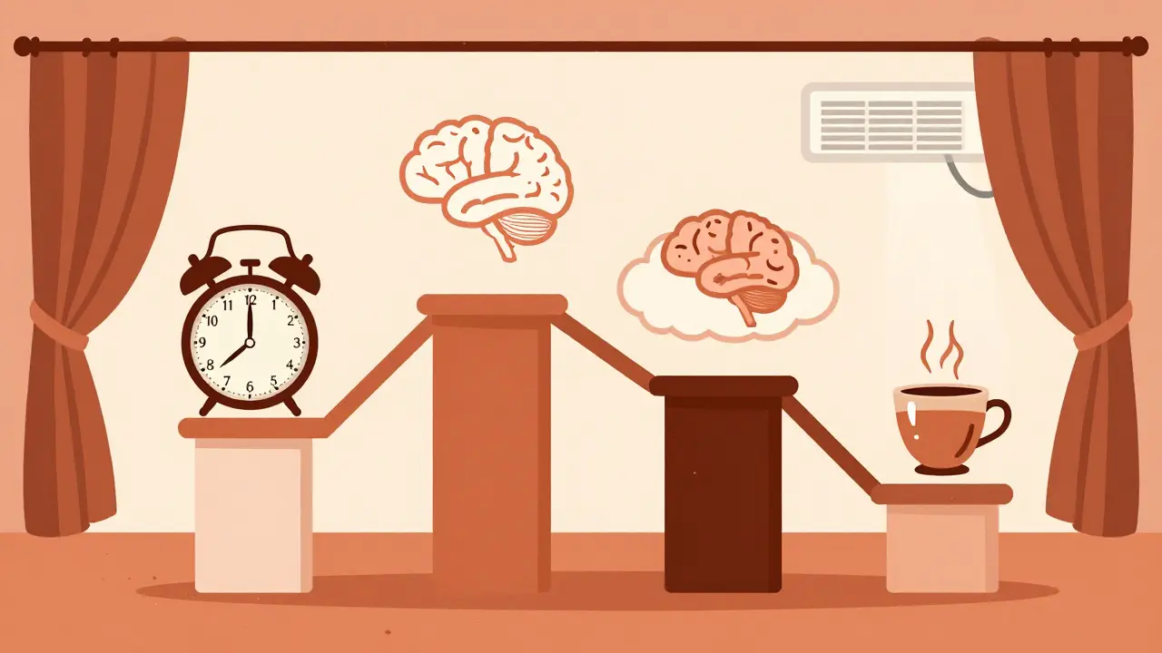 Graphic illustration of sleep hygiene pillars in a bedroom