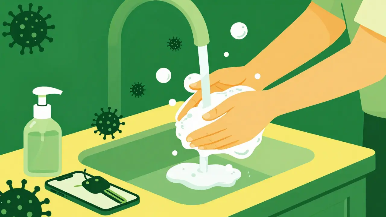 Green and yellow duotone image of handwashing and cleaning surfaces