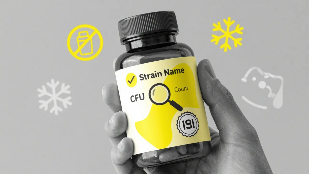 Hand holding probiotic bottle with quality check icons in duotone style.
