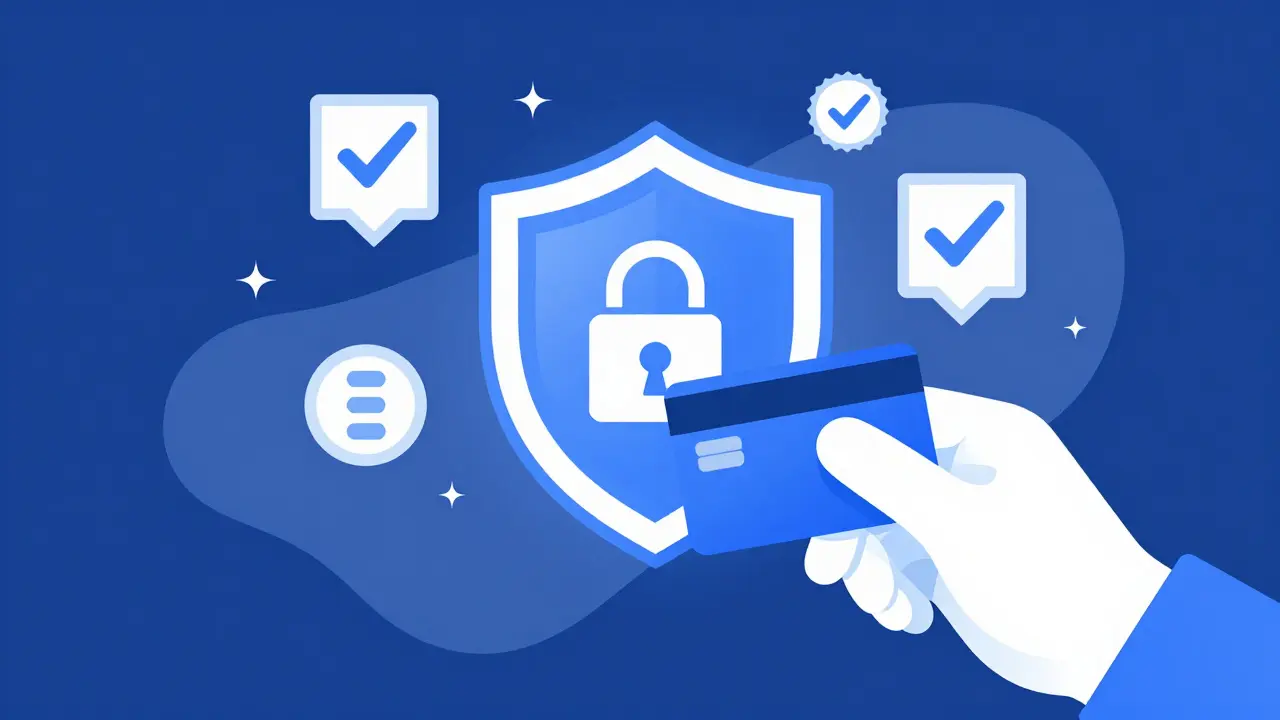 Hand with credit card near security shield icon