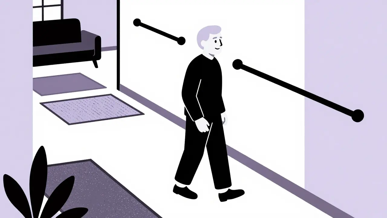 Illustration of a safe home environment with grab bars and clear walkways