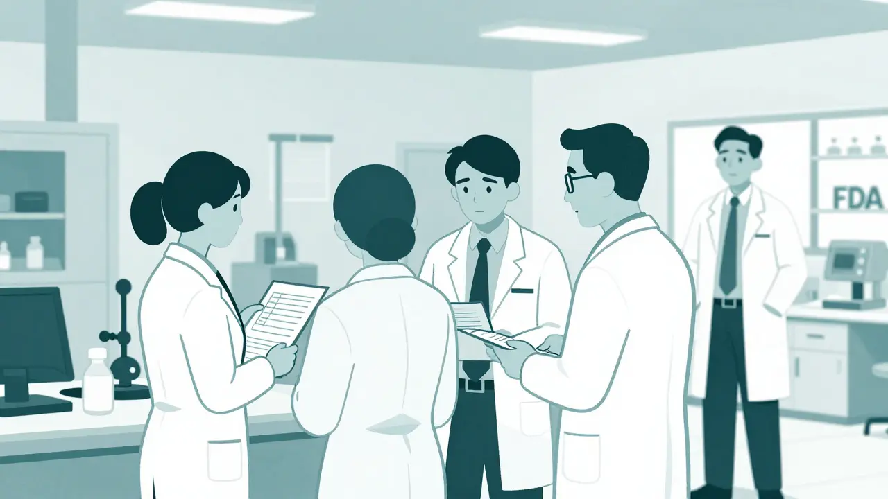 Inspectors review records and observe operations in a clean facility.