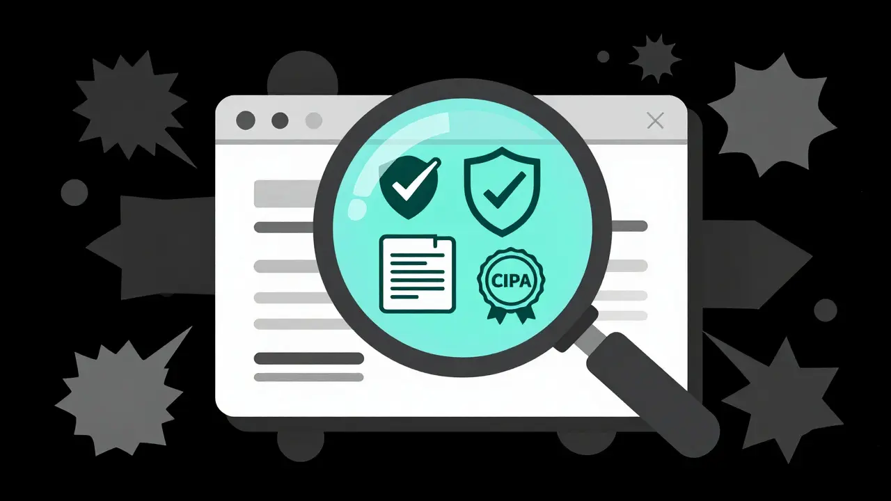 Magnifying glass checking pharmacy safety seals online
