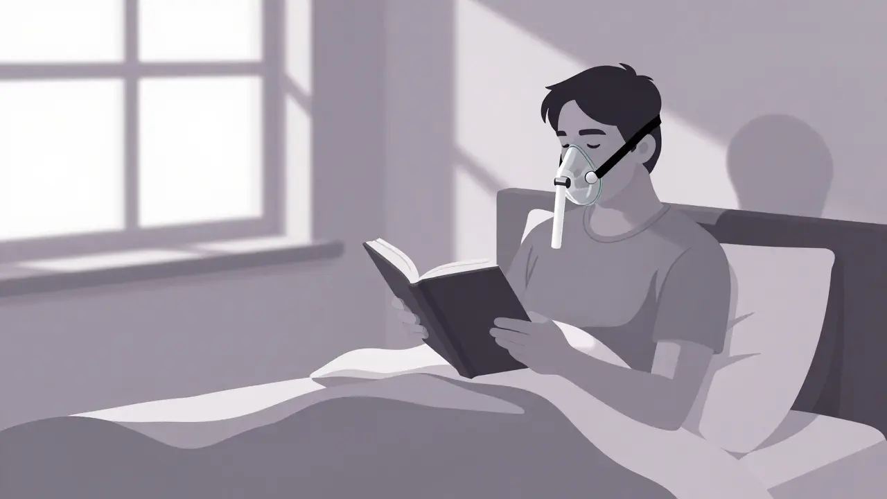 Person wearing a CPAP mask while reading by day in a duotone illustration