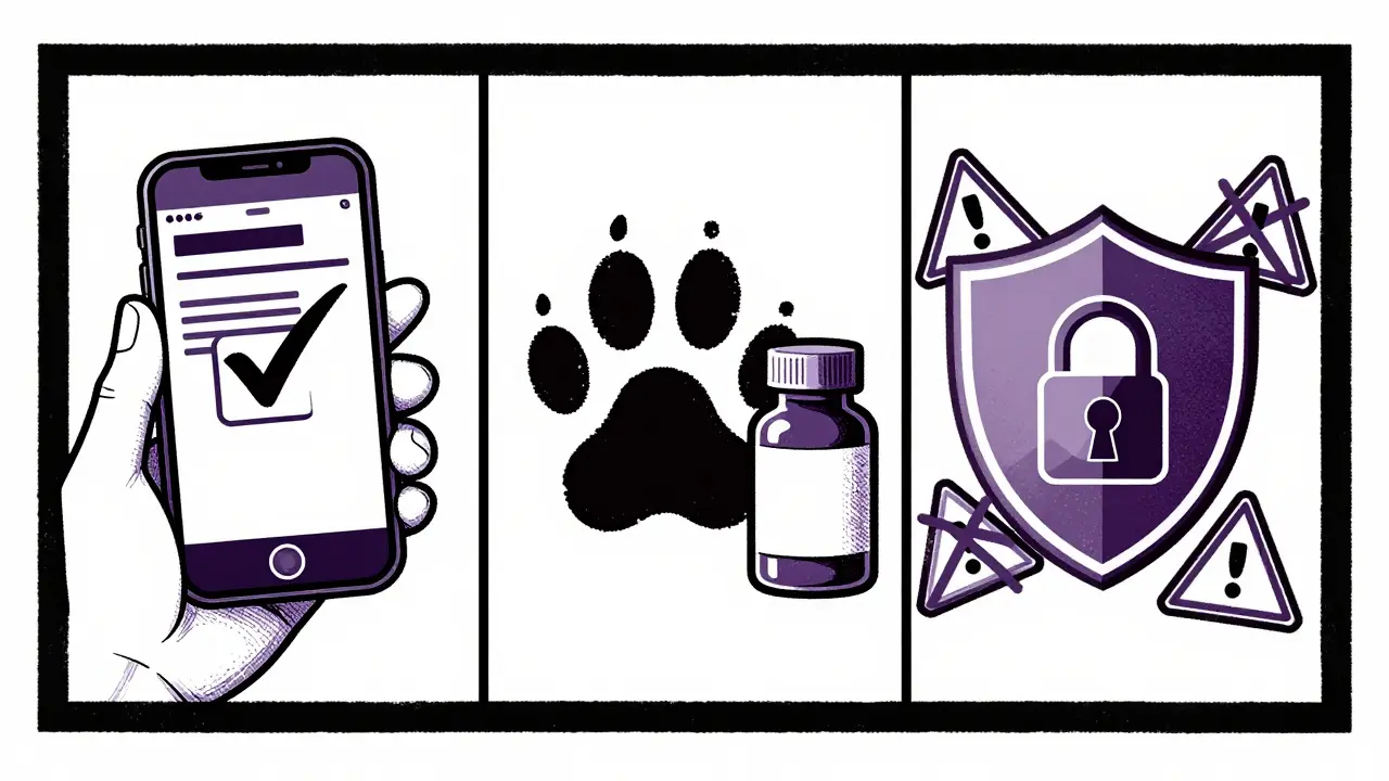 Purple and black duotone graphic showing prescription verification and safety checks.