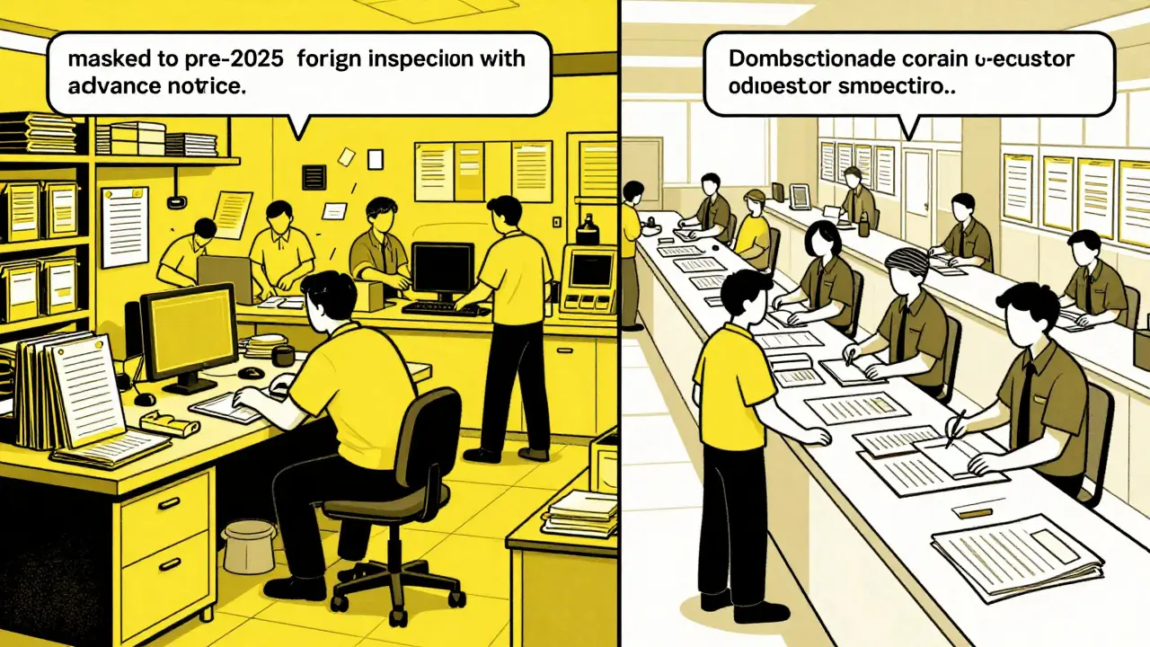 Split illustration showing messy vs orderly factories under different rules.
