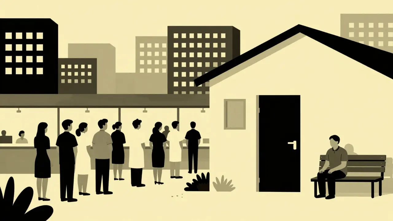 Split view of busy city clinic vs empty rural clinic, duotone