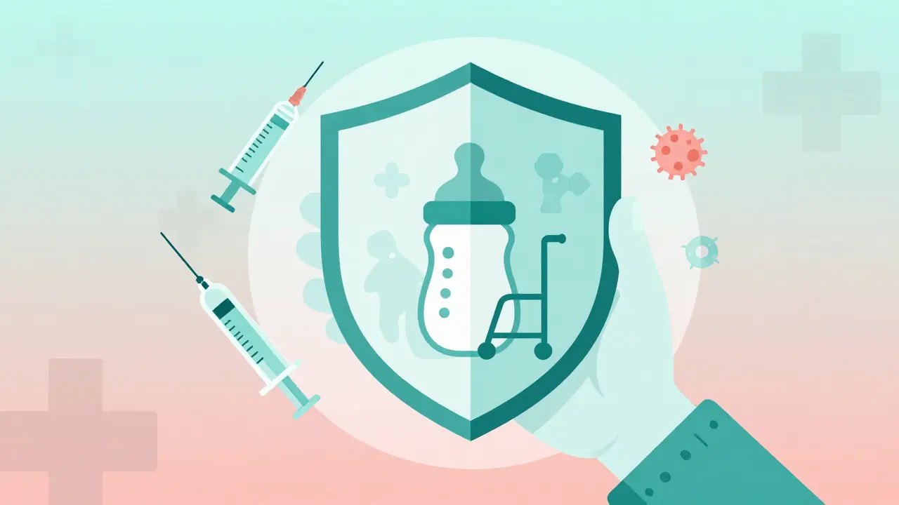 Teal and coral duotone art showing vaccines protecting babies and elders