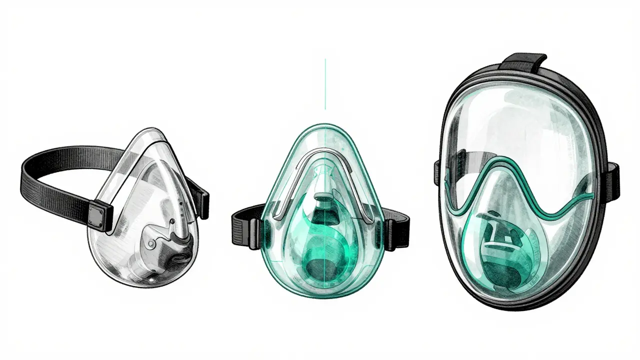 Three types of CPAP masks displayed in a teal and black duotone illustration