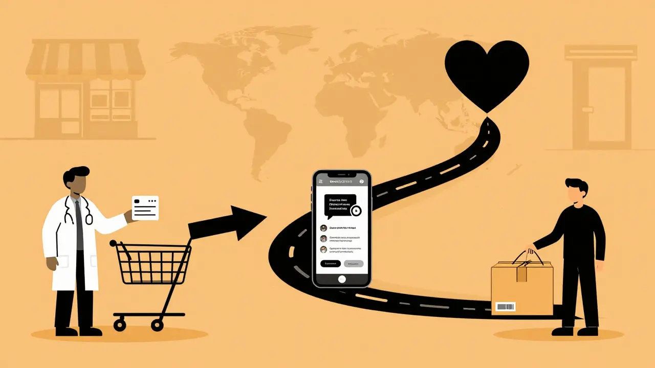 Duotone art depicting steps to buy medication online safely and cheaply