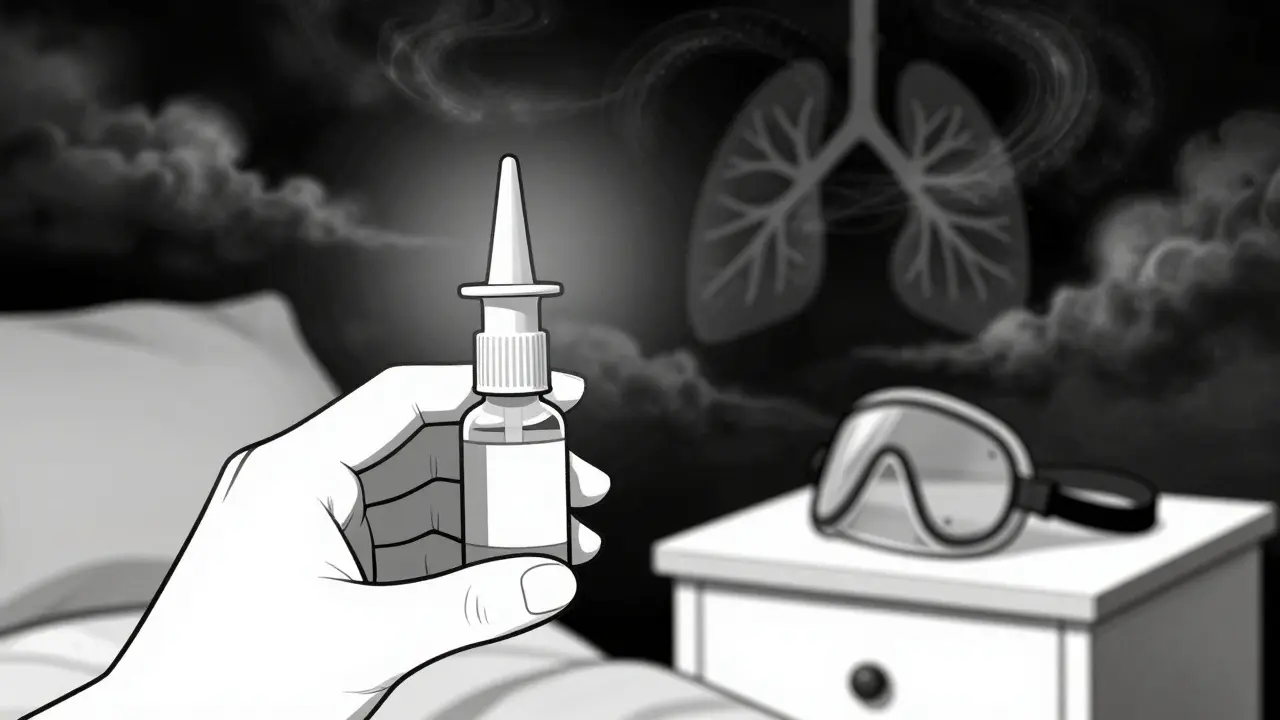 Duotone art showing Naloxone spray and CPAP mask as safety tools against respiratory depression.