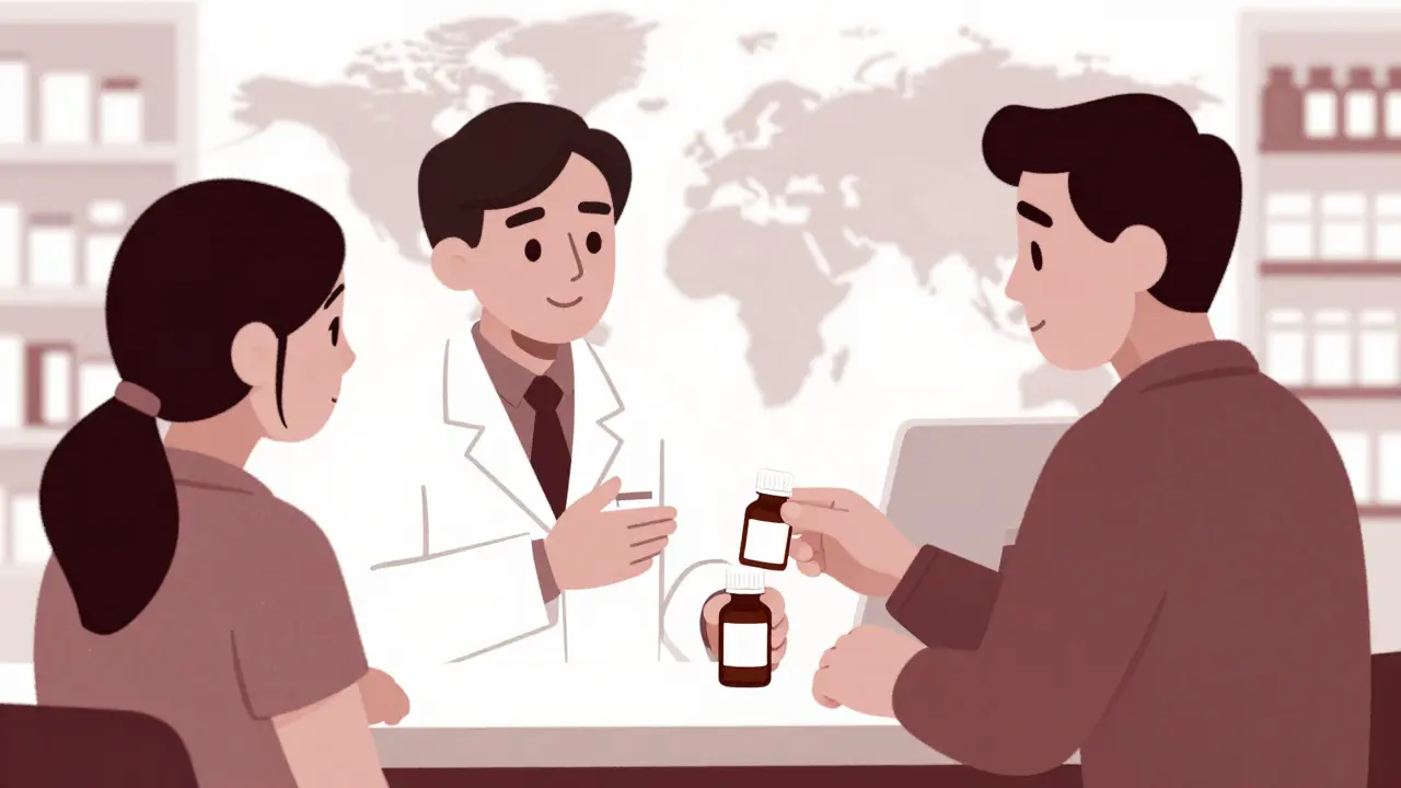 Duotone cartoon of pharmacist advising patient on recalled medication