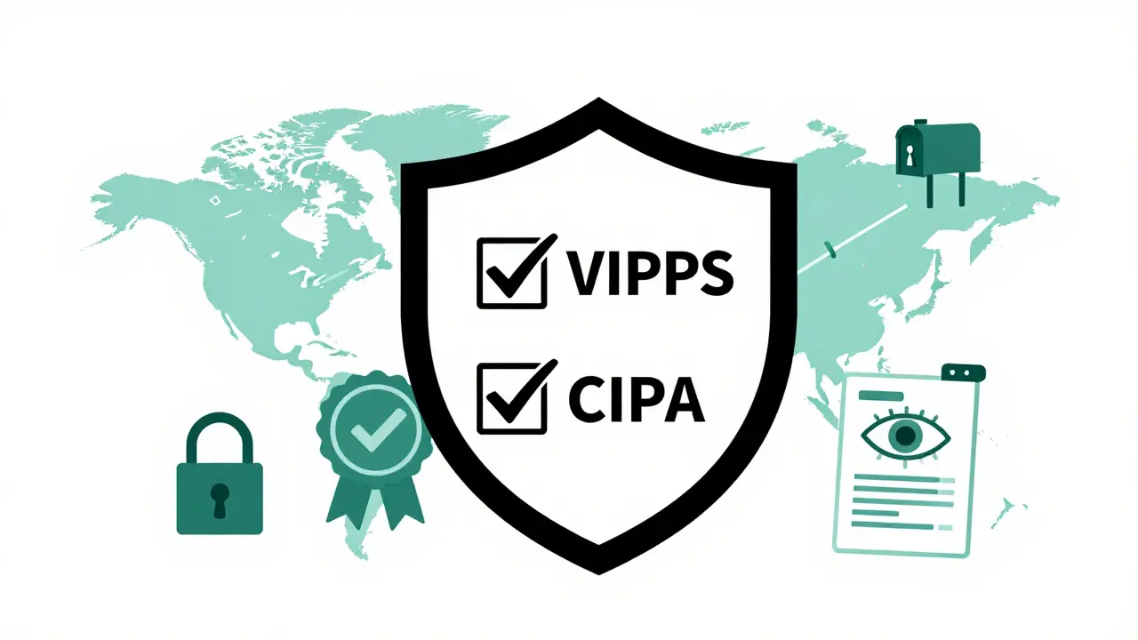 Duotone graphic showing pharmacy safety shields and certification checks