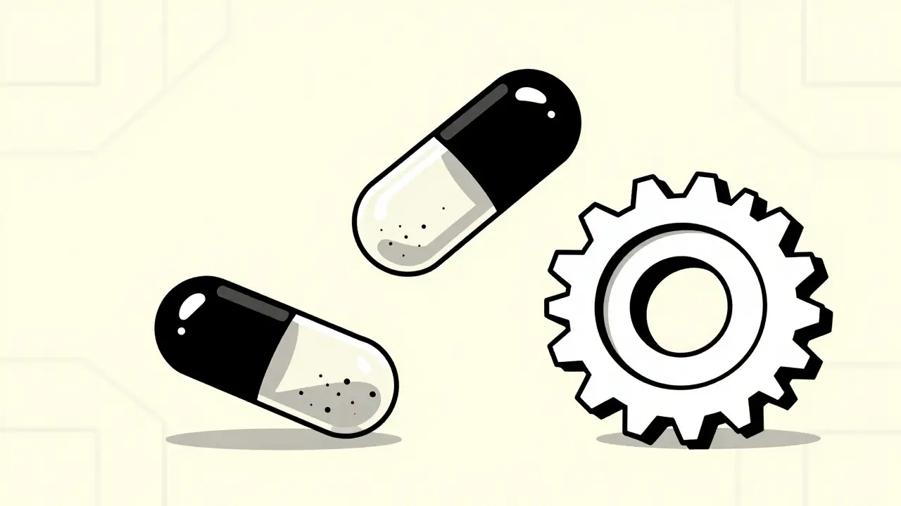 Duotone illustration of pill defects like contamination and dissolution