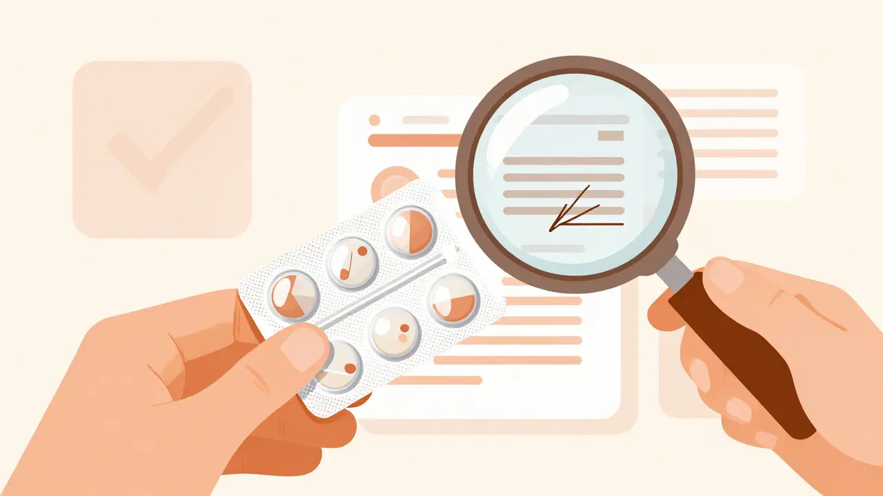 Hand checking prescription details on pill pack under magnifying glass