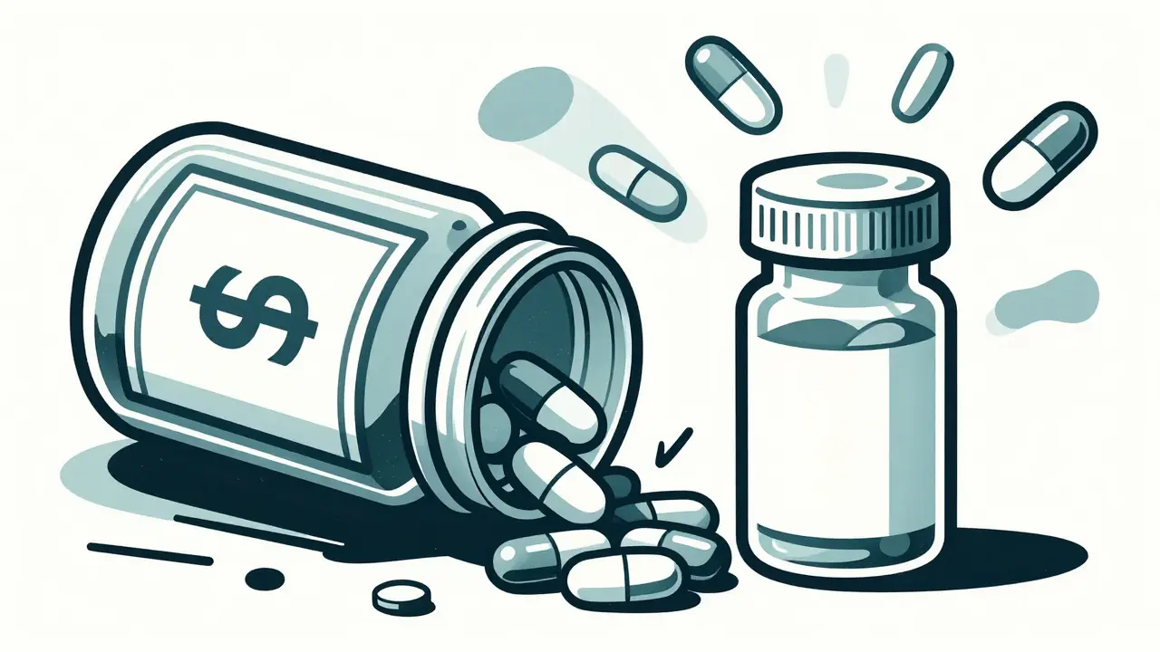 Illustration of generic medicine crushing expensive brand name bottle for savings