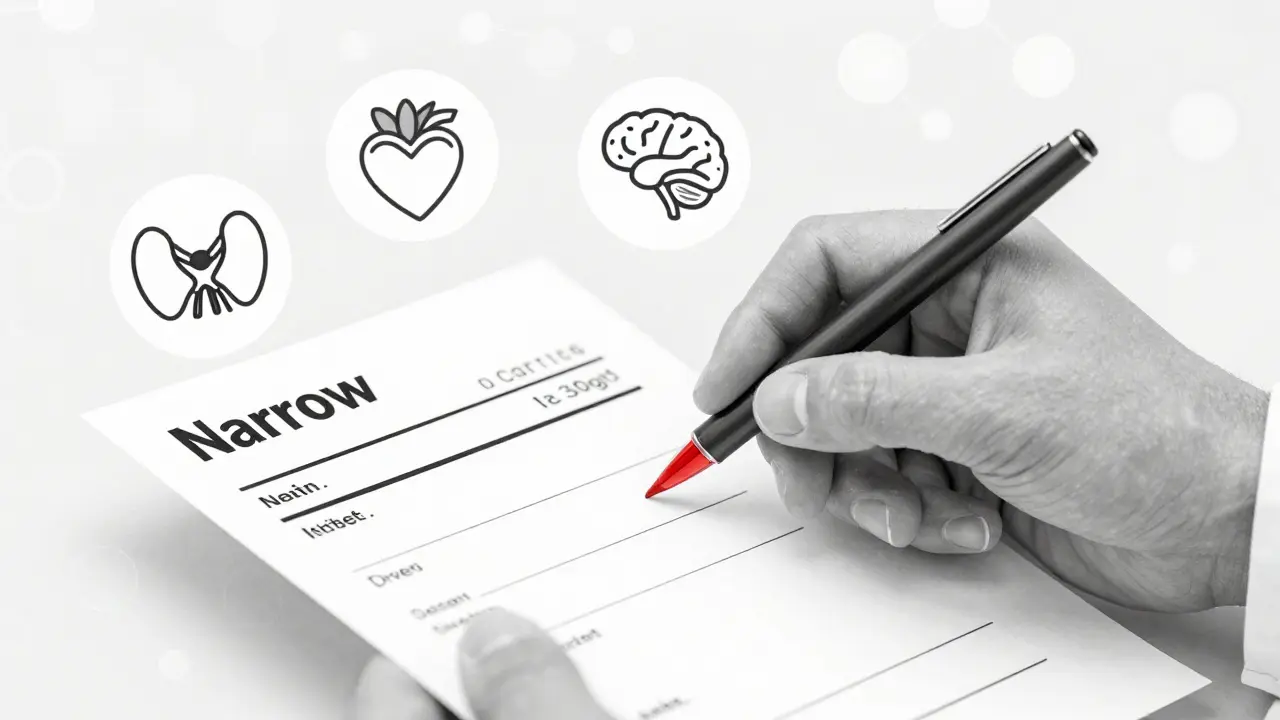 Pharmacist verifying a prescription with floating medical symbols in duotone art.