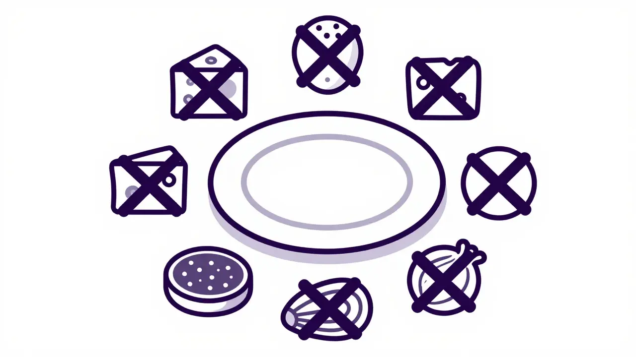 Plate surrounded by crossed-out icons of tyramine-rich foods like cheese and meat