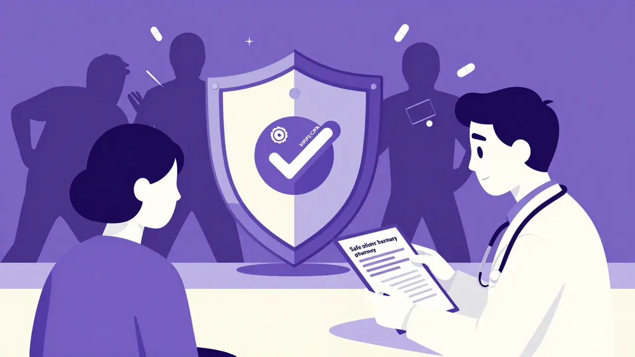 Shield protecting patient from fake drugs with verified pharmacy seals
