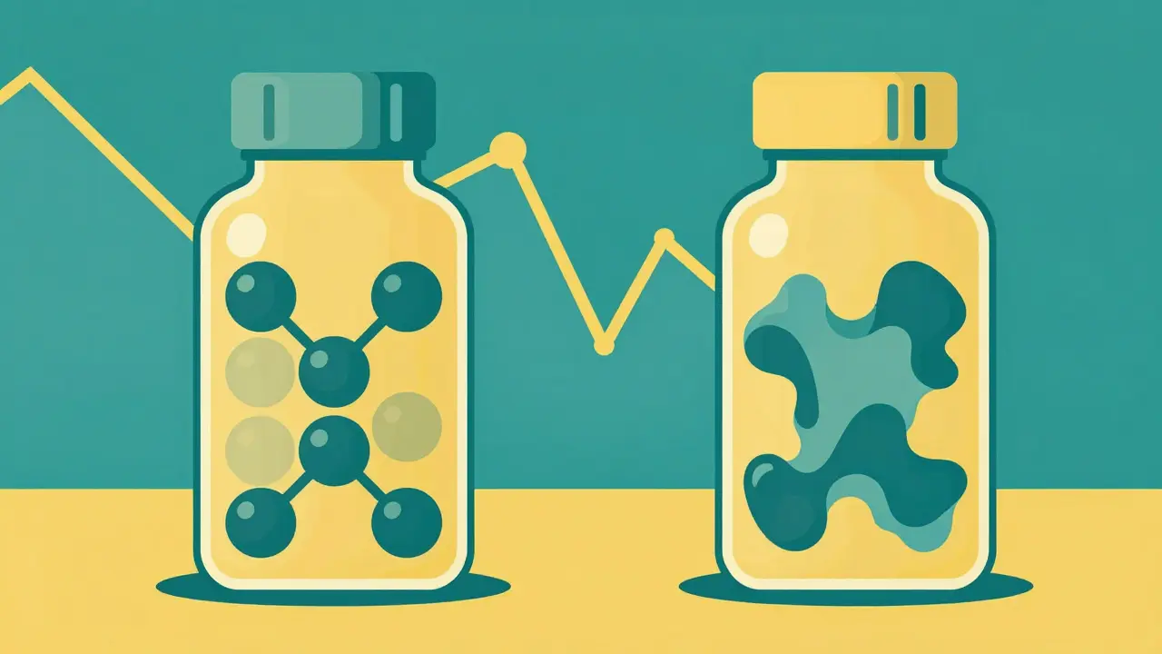 Two pill bottles showing different internal structures to represent bioequivalence gaps.