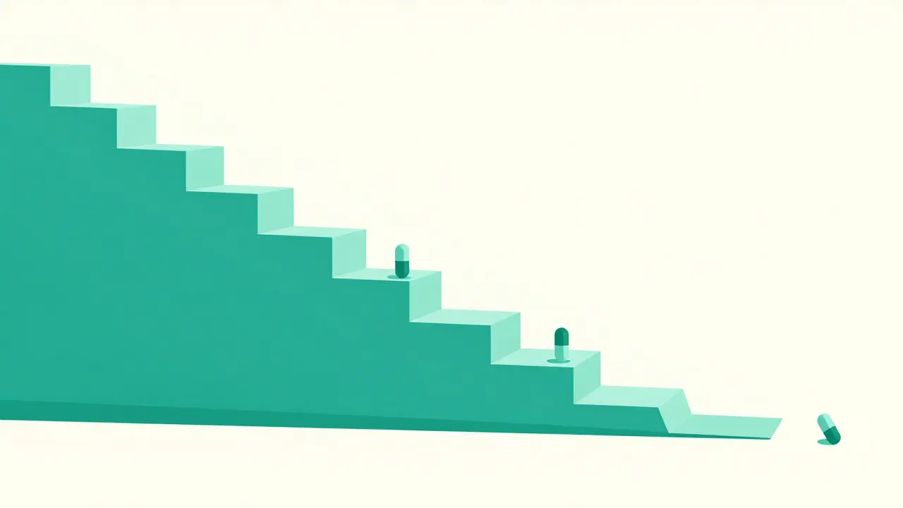 Abstract duotone art showing a steroid taper schedule from steep to shallow
