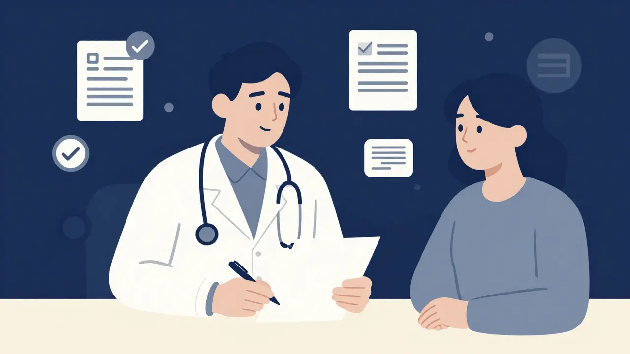 Doctor and patient reviewing insurance approval documents together