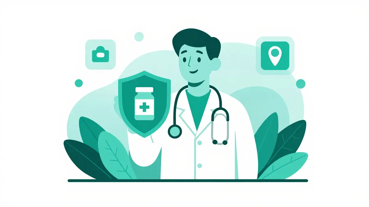 Doctor holding shield protecting pill bottle in duotone illustration