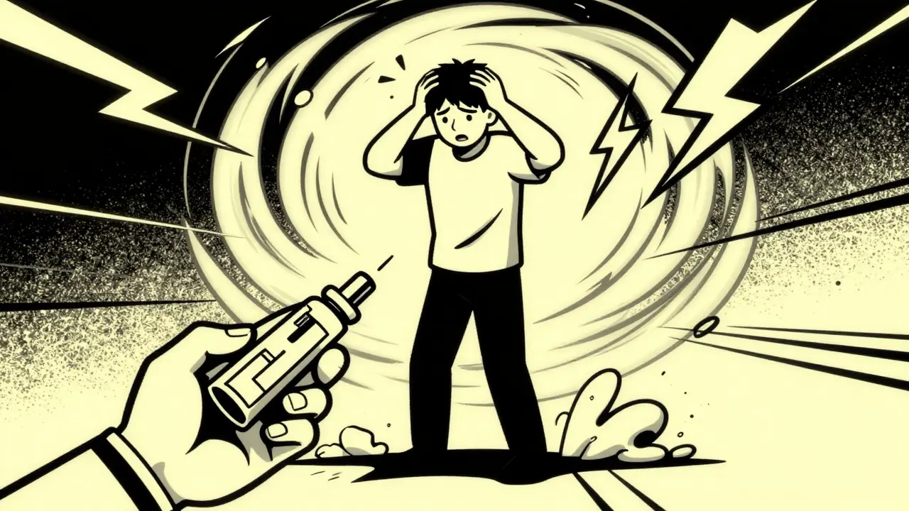 Duotone cartoon depicting adrenal crisis symptoms and emergency injection