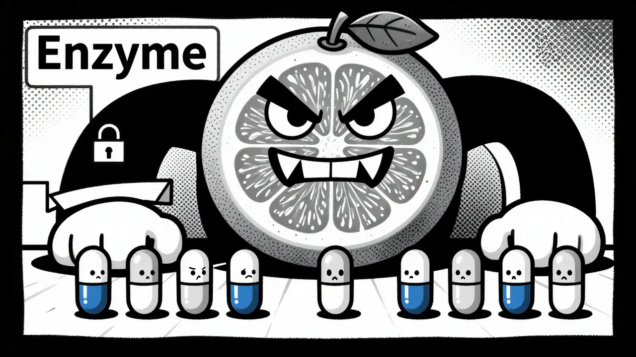 Duotone illustration of a giant grapefruit threatening small medicine pills