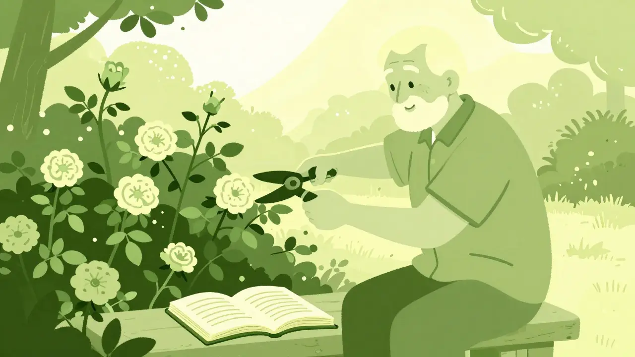 Elderly person gardening happily with a journal